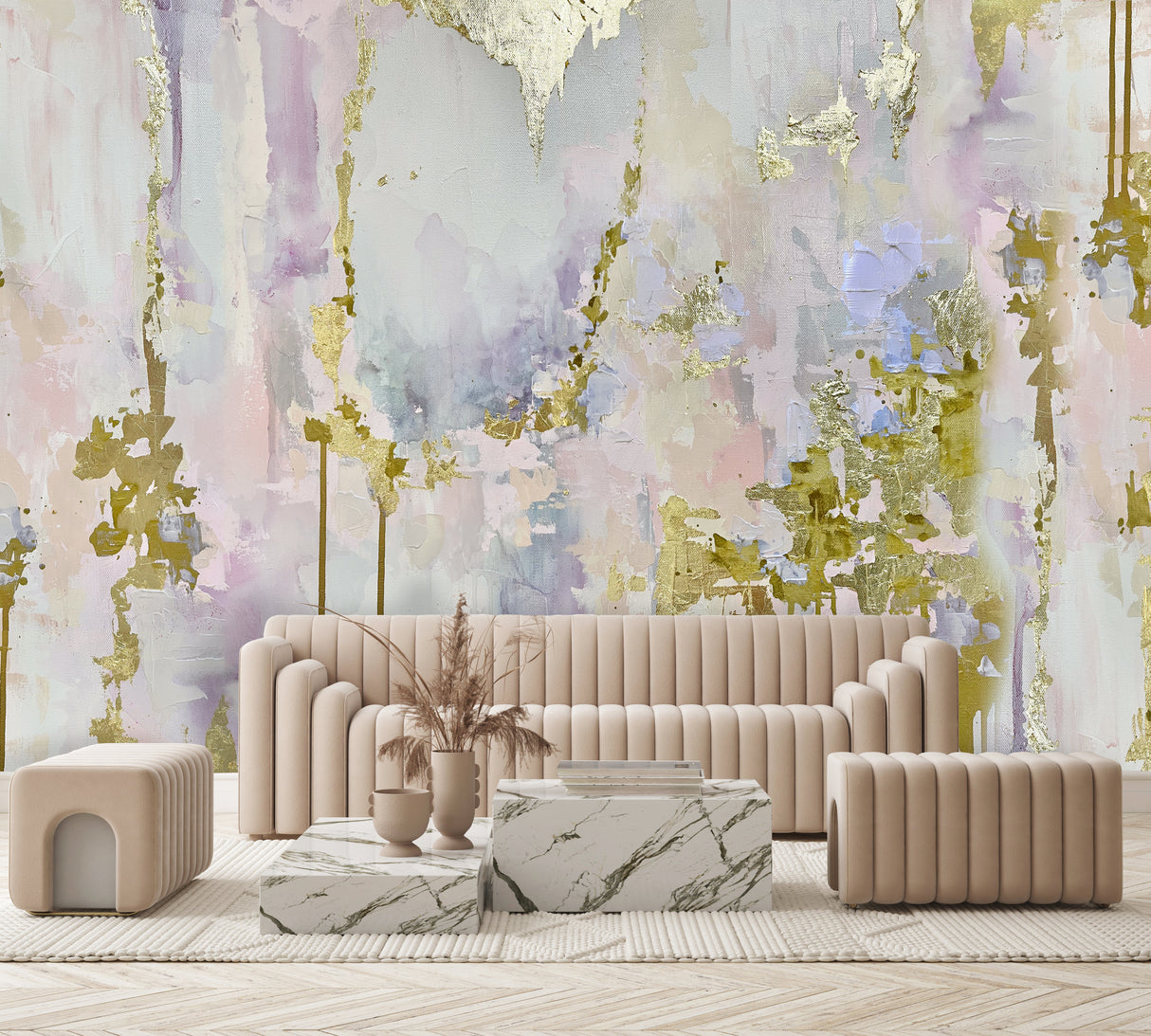 Colorful mural wallpaper used as a room feature wall